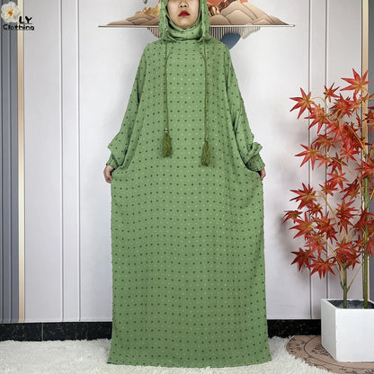 2024New Pure Cotton Ramadan Muslim Two-Hat Abaya Dubai Turkey Islam Prayer Clothes Loose Robe Islamic Women Traditional Clothing