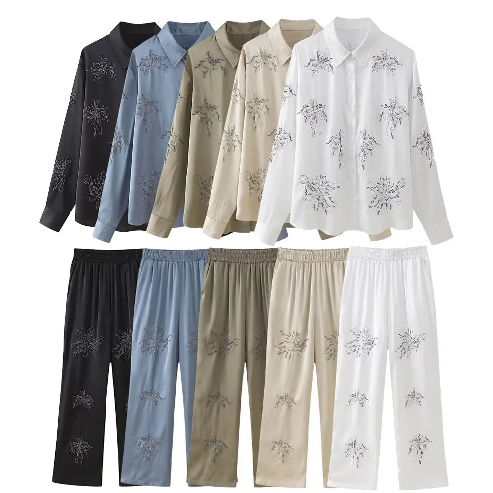 Summer New Product Women's Style Flip Collar with Beaded Embroidered Shirt, High Waist Straight Leg Pants Set.