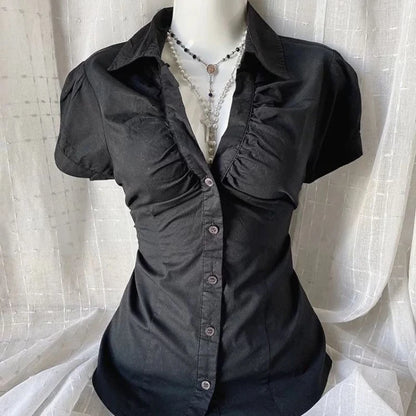 Retro new black Japanese V-neck shirt for women Harajuku Goth large size waist-hugging and slimming fashion top.