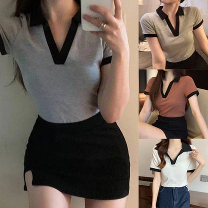 For Daily Use Splicing Pattern Blouse Lapel Short Sleeve Ideal For Casual Outings Daily Wear Casual Lapel Top Sexy.