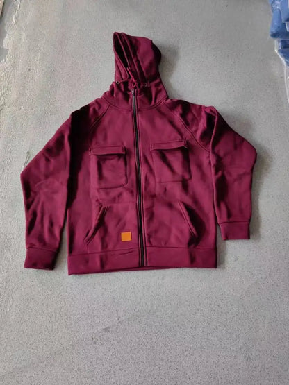 New Autumn Winter Men's Hooded Solid Hoodies Jackets Multi Pockets Male Zipper Sweatshirts Sports Outdoor Casual Hoodie Coat.