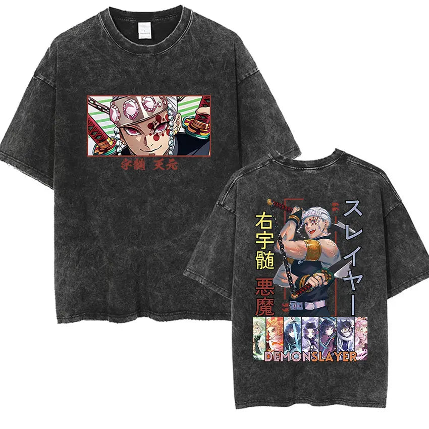 Japanese Anime Demon Slayer Uzui Tengen Vintage Washed T Shirts Funny Ninja Mice Muki Muki Gym Muscular Mouse Oversized T-shirt.