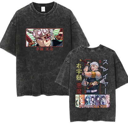 Japanese Anime Demon Slayer Uzui Tengen Vintage Washed T Shirts Funny Ninja Mice Muki Muki Gym Muscular Mouse Oversized T-shirt.