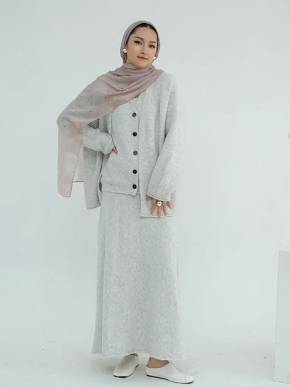 Muslim Women Dubai Abayas Dress Modest Winter Thick Knitted Set Solid Color Three Piece Set Islam Robe Femme Kaftan Clothing set.