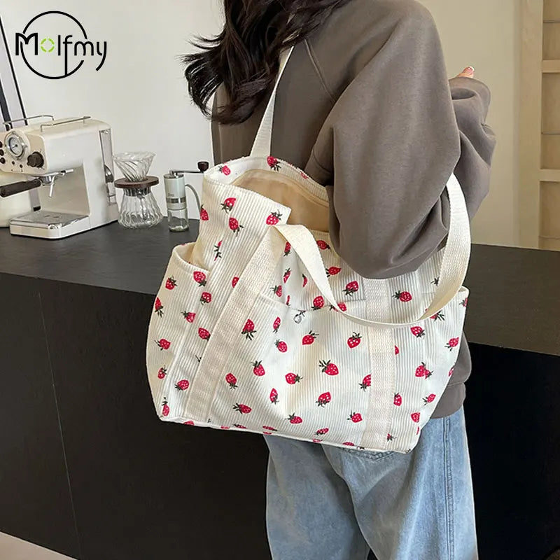 Strawberries Corduroy Handbag Sweet Women's Bag Fashionable Versatile Shoulder Bag Beautiful Simple Commuter Women's Tote Bags.