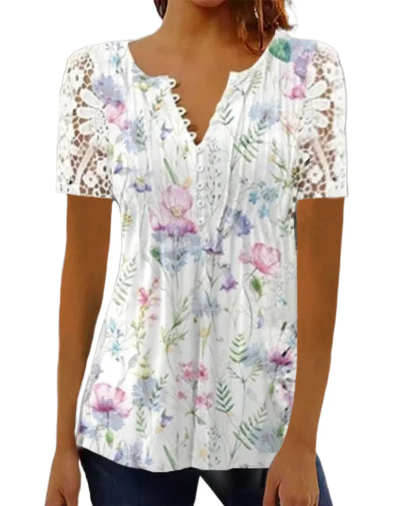 Summer Spring New Women's Loose and Comfortable Casual Lace V Neck Printed Blouse Floral Short Sleeve Elegant Fashion Shirt.