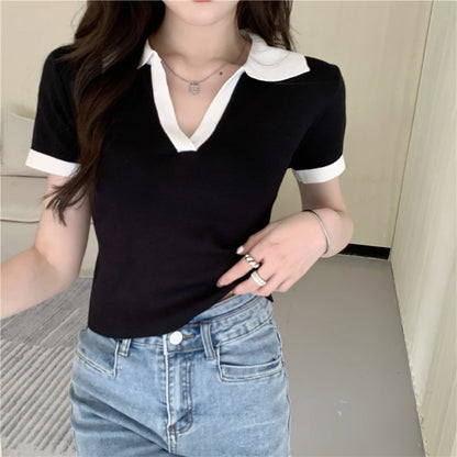Jielur Spell Color Polo Knitting Women's Blouses Slim Sexy Short Sleeve Summer New Casual Female Blouse Chic Simple Office Lady