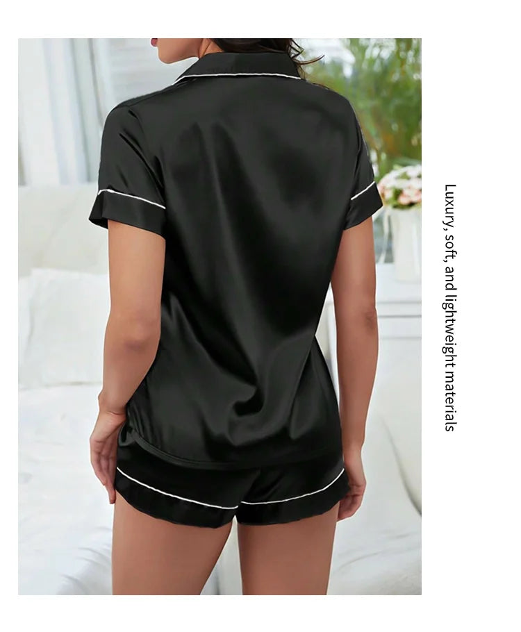 Sommer-Pyjama-Set aus Seidensatin für Damen, Oberteil und Shorts mit Knopfleiste, 2-teilig, Nachtwäsche, gekerbter Kragen, Nachtwäsche, Loungewear für Damen