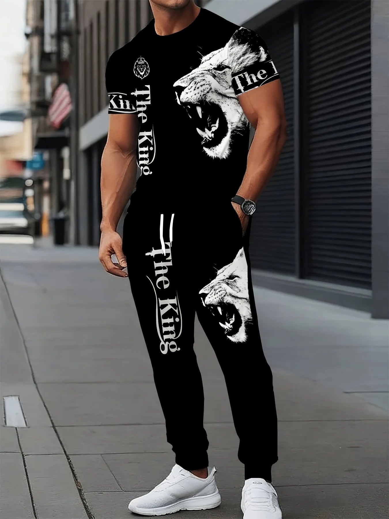 Fashionable summer men's new creative lion print soft and breathable round neck T-shirt pants set outdoor street style clothing.