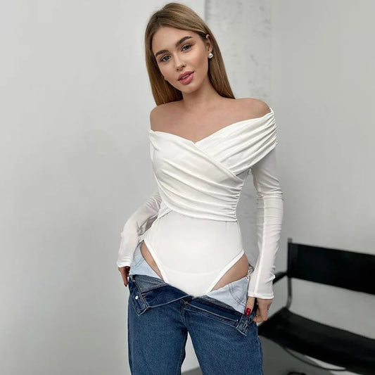 Y2K Autumn Bodysuits Women Sexy Off Shoulder Corset Slim Crossed Bodysuits Long Sleeves Casual Lady Fashion Streetwear Bodysuits.