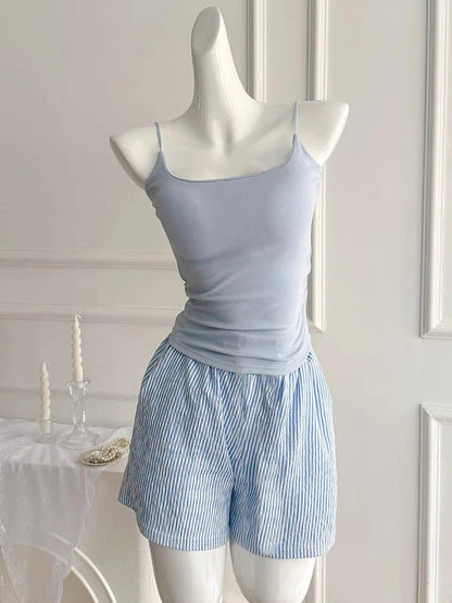 Einfarbiger Pyjama mit Brustpolstern, gestreifte Shorts für Damen, Sommer, dünne Leibchen-Shorts, Loungewear, großer Pyjama, zweiteiliges Set.