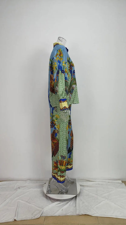 Autumn Women Bohemian Print Lapel Button LongSleeve Shirt+Loose Wide Legs Trousers Set Conjunto Dos Piezas Mujer Elegante Casual.