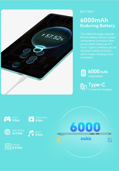 Odea A10 Tablet 10.1" IPS Android 14 T606 Octa-core Max 12GB(4GB+8GB) RAM 128GB ROM Type-C Widevine L1 Earphone Jack Face Unlock.