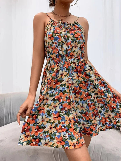 kleid damen,Sexy Blumendruck kurzes Kleid Frauen Sommermode schwarz rückenfrei Strand Sommerkleid lässig ärmellos Schnürung neu in Kleidern 2024