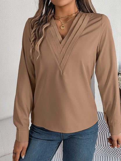 Summer And Autumn Women's Casual Shirt, Commuting Style Solid Color V-neck Long Sleeve Shirt Top