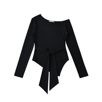 Sexy Long Sleeve T-Shirt Women's Waist Cinched Shoulder Bared Strap Design Autumn 2025 Irregular Halter Neck Top for Trendy Girl.