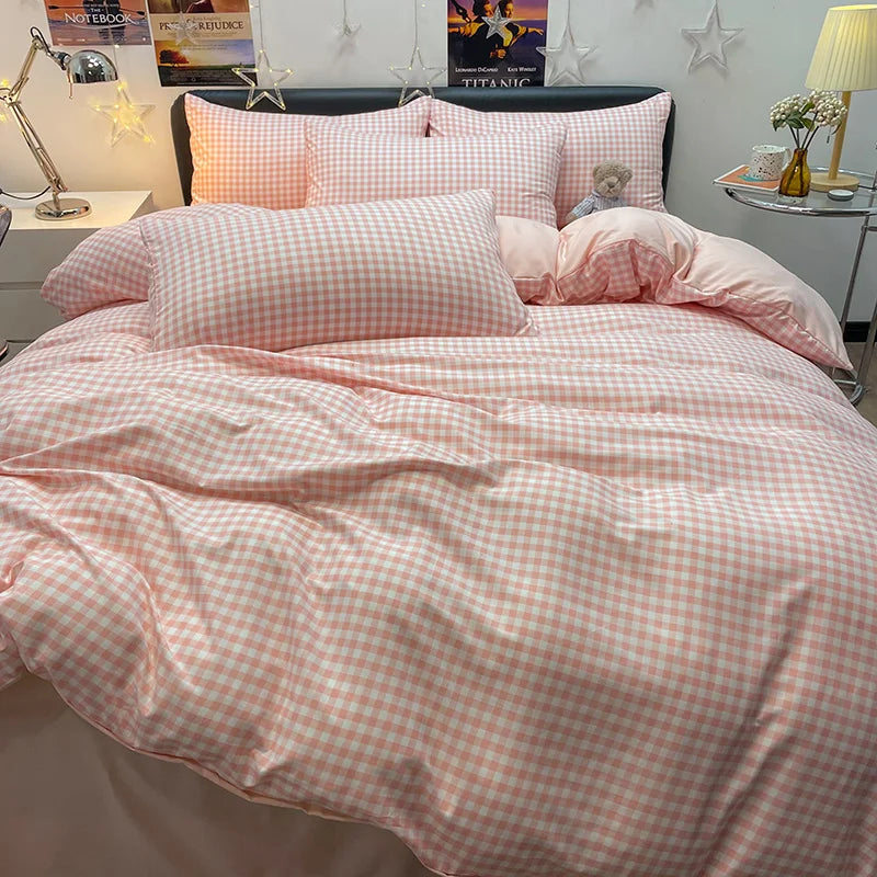 Nordic Plaid Pattern Wash Cotton Bedding Set Duvet Cover Pillowcase Bed Sheet Set Comforter Cover Bed Linens Set Queen King Size.