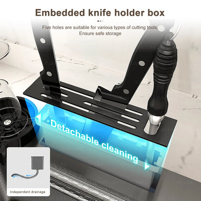 Stainless Steel Kitchen Sink Embossed Large Single-Slot With Kitchen Faucet Multifunctional Washbasin for Apartment