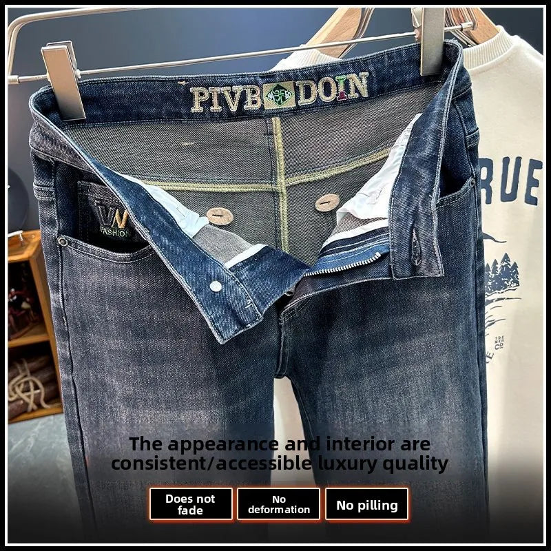 Men's Slim Straight Jeans Fashion Korean Autumn Trousers Comfortable Elastic Black Blue Fitted Business Casual Denim Pants.