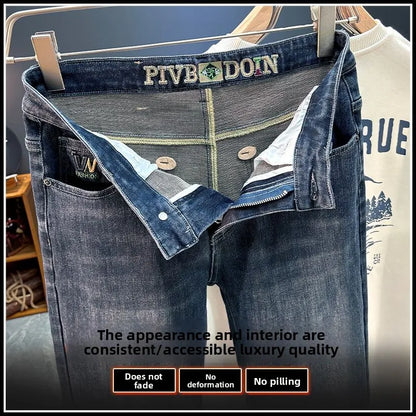 Men's Slim Straight Jeans Fashion Korean Autumn Trousers Comfortable Elastic Black Blue Fitted Business Casual Denim Pants.