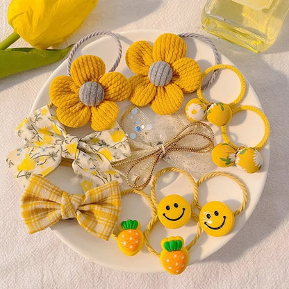 Kawaii Flower Bow Scrunchies Set Children Gift Girls Elastic Hair Rubber Bands Accessories Tie Hair Ring Rope Headdress Headwear.