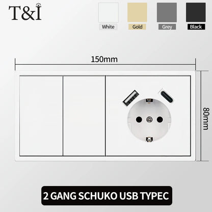 Europäische Wandsteckdose, EU-Steckdose, USB-Typ-C-Ladeanschlüsse, 1/2-Gang-Lichtschalter, 16 A 250 V, Unterputzmontage, weißes Panel, 80 x 80 mm.