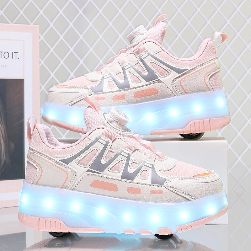 Children Four Wheels Luminous Glowing Sneakers Black Pink Led Light Roller Skate Shoes Kids Led Shoes Boys Girls USB Charging.