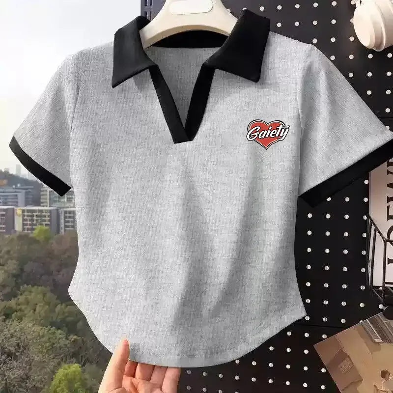 Color Block Polo Neck Short Sleeve T-Shirt Women's Fashion Summer Top plus Size Small Figure Friendly Cotton Blend T-Shirt.