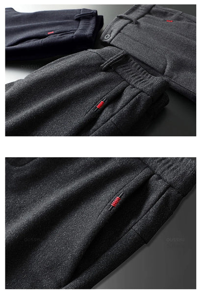 Autumn Winter Men's Brushed Fabric Casual Pants Business Fashion Slim Fit Stretch Thick Gray Blue Black Cotton Trousers Male.