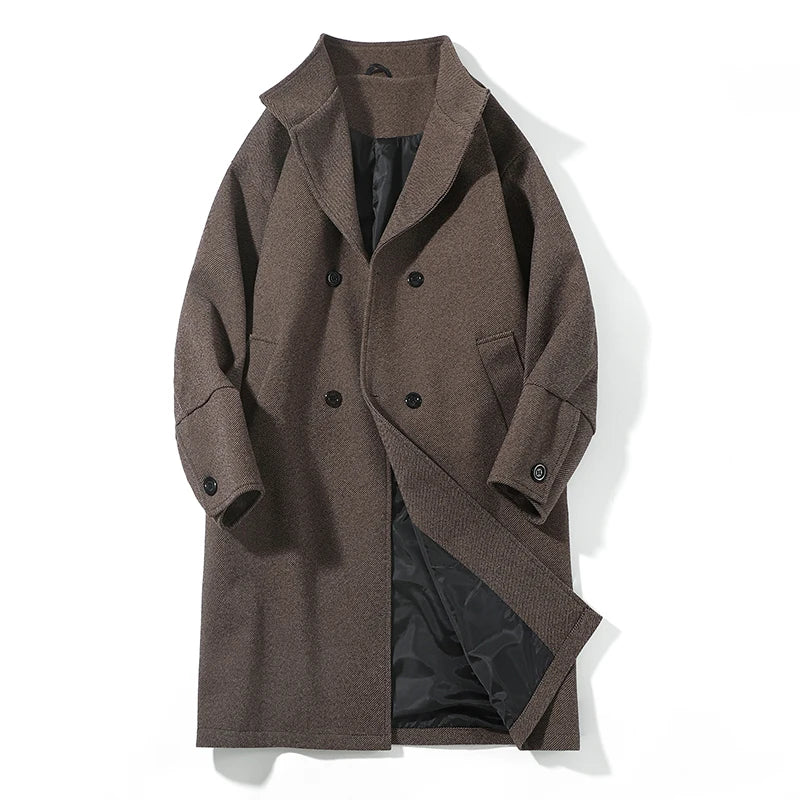 Korean Trend Men's Lapel coat Loose  Casual Double-breasted Overcoat Autumn Winter Fashion New Long Sleeve Woolen Coat.