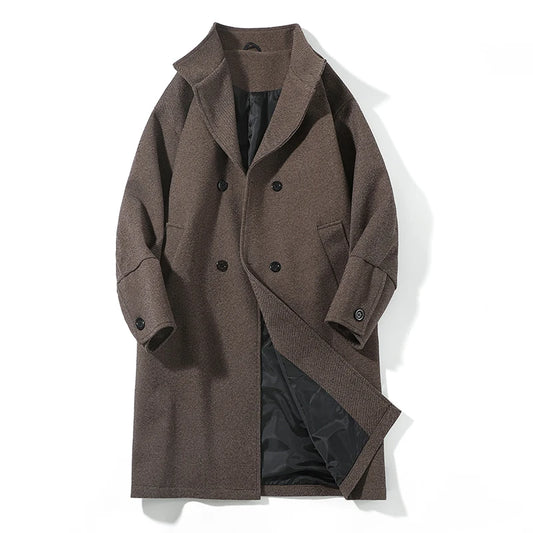 Korean Trend Men's Lapel coat Loose  Casual Double-breasted Overcoat Autumn Winter Fashion New Long Sleeve Woolen Coat.