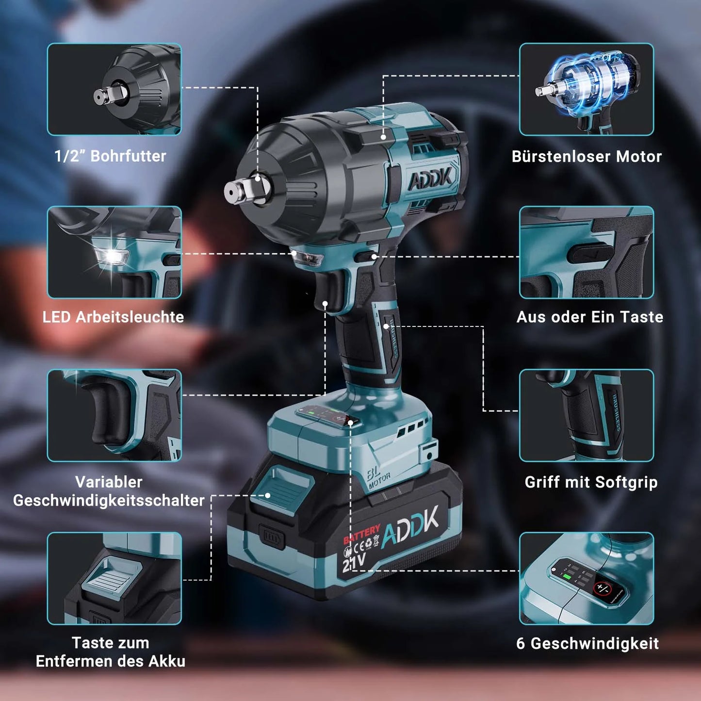 Anajqaqia Elektroschraubenschlüsselsatz, 1600 Nm 6-Gang-Einstellung, 4000 mAh Akku, 21 V Lithium-Akku-Elektroschrauber, Elektrowerkzeuge