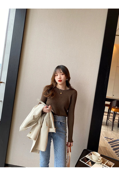 2025Oansatz Rippen Langarm Koreanische Dünne Weibliche Pullover Frauen Pullover Stricken Weiche Jumper Tops Geraffte Herbst Winter Tops