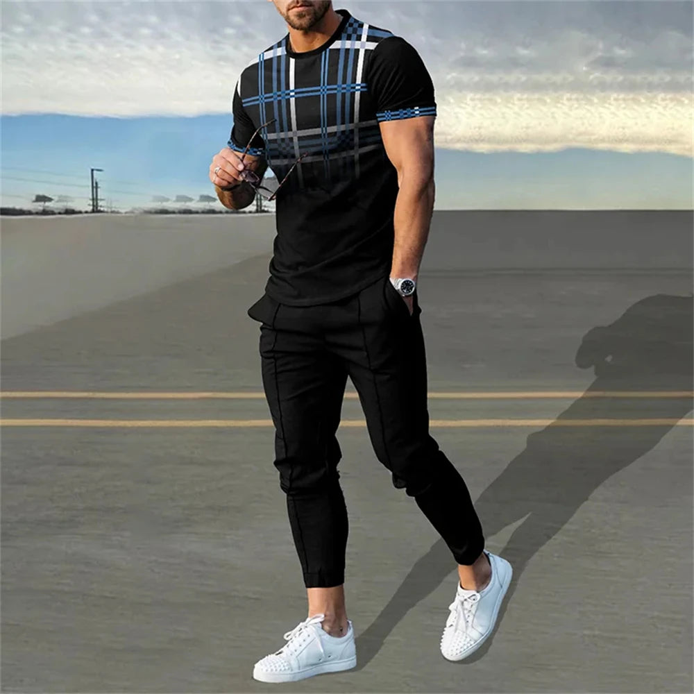 Men's T-Shirt Tracksuit 2 Piece Set Short Sleeve Sportswear Suits Fashion Men's Clothing Trousers Casual O-Neck Tops Pants Suits.