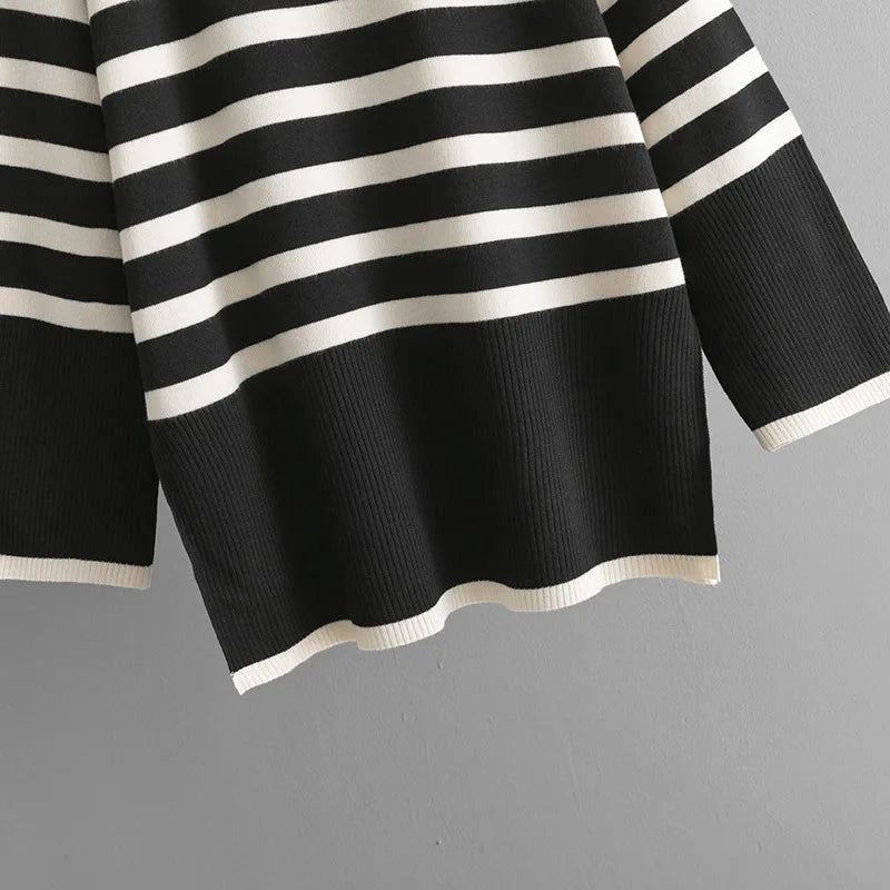 Muslim Women Knitting 2 Piece Sets Striped Sweater Pullover Top Wide Leg Pants Suit Outfits Knitwear Turtleneck Ensemble 2025.