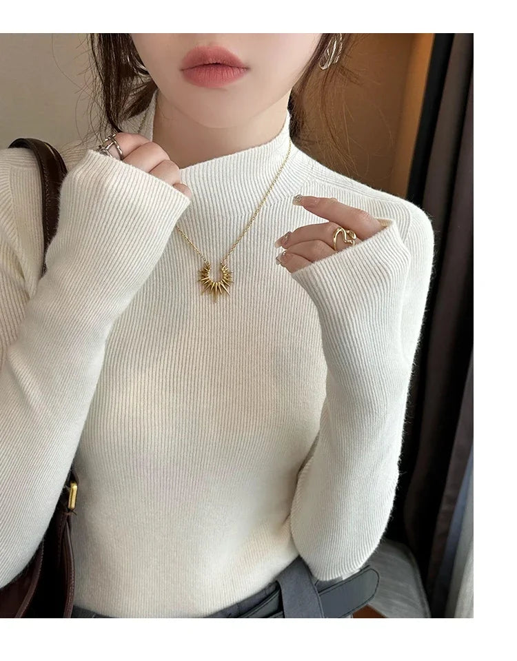 Herbst Winter Pullover Pullover Bodenbildung Shirt Frauen Gestrickte Shirts Weibliche Lange Hülse Mock Neck Elastische Dünne Pullover Stricken Tops.