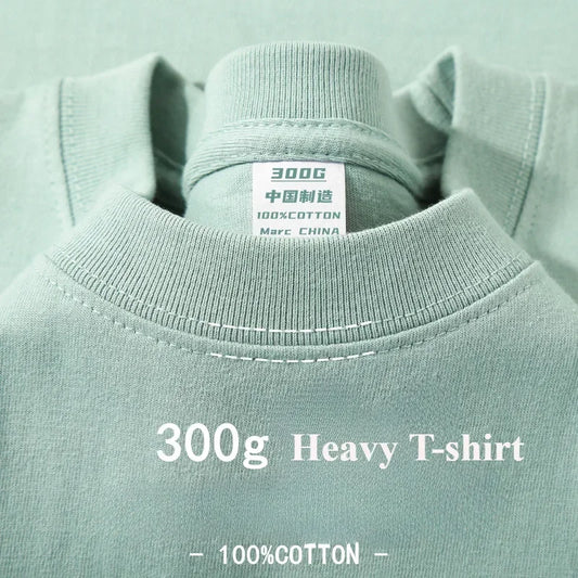 Summer Light Green Heavy Weight 300G Short Sleeved T-shirt Cotton  Men's Loose Casual Base Shirt Korean Tee Women's.