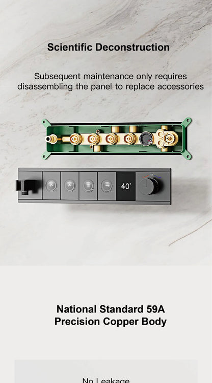 Deckenmontiertes thermostatisches LED-Digitalanzeige-Duschsystem. Eingebetteter Badmischer aus Messing im Wasserfallstil für heißes und kaltes Wasser