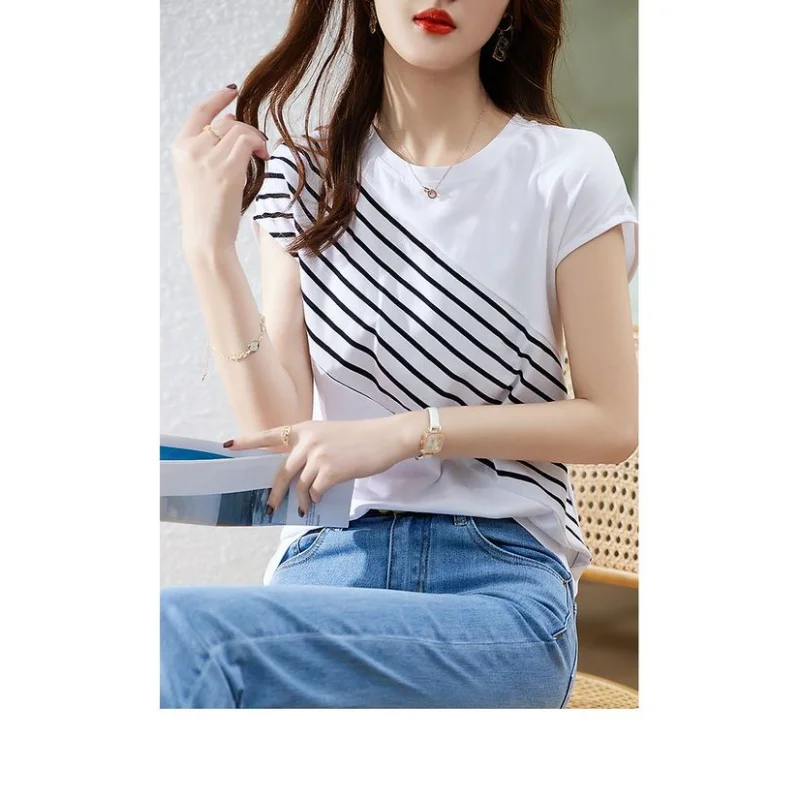 Color Block Striped Slimming T Shirt Women Casual Short Sleeve Top.