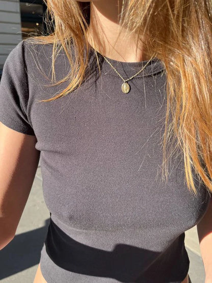 New Basic Black T-shirt Pants Sets Women O-neck Slim Tees+ Patchwork Yoga Sweatpants Solid Vintage Cotton Sport 2 Pieces Sets.