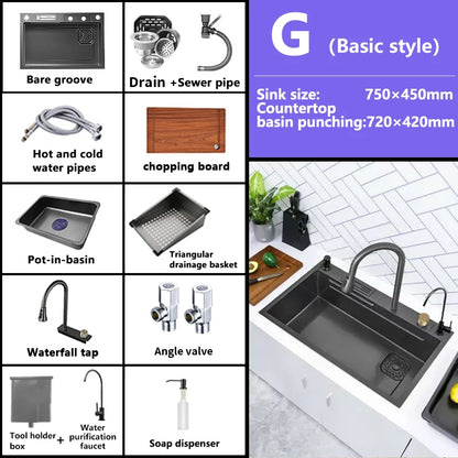 Waterfall Sink Kitchen Stainless Steel Topmount Sink Large Single Slot Wash Basin With Multifunction Touch Waterfall Faucet