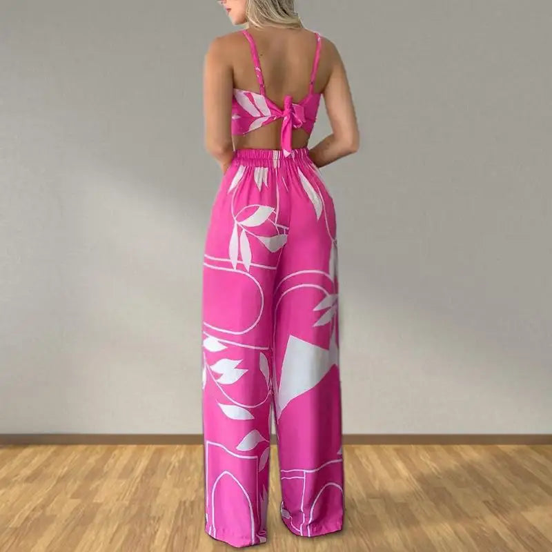 Elegant Two Piece Outfits For Women 2025 Sexy V-Neck Strap Backless Lace-up Slim Crop Top & Wide Leg Pants Sets Summer Lady Suit.
