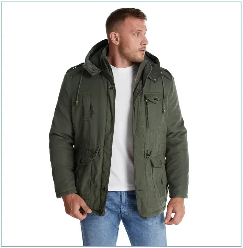 Men's Jacket WINTER USA SIZE Large SIZE Lamb Fleece JACKETS Hooded Cotton Thickened Multi Pocket Casual Mid length Coat