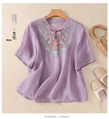 Retro Chinesischen Stil Lose Fit Baumwolle Leinen Kurzarm Shirt frauen Sommer Schwere Stickerei Abnehmen Top Flagge Kleid