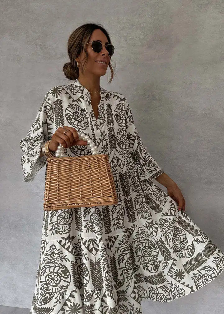 Neue Stil Casual Print Drei-viertel Hülse Hemd Kleid Für Frauen Sommer Mode V-ausschnitt Lose Urlaub Casual Kleider robe Femme.