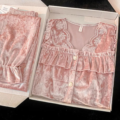 Soft Velvet Pajama Set Women Loose Home Wear Sleeping Velour Autumn Winter New Warm Sleepwear Female Nightie Ins Underwear.