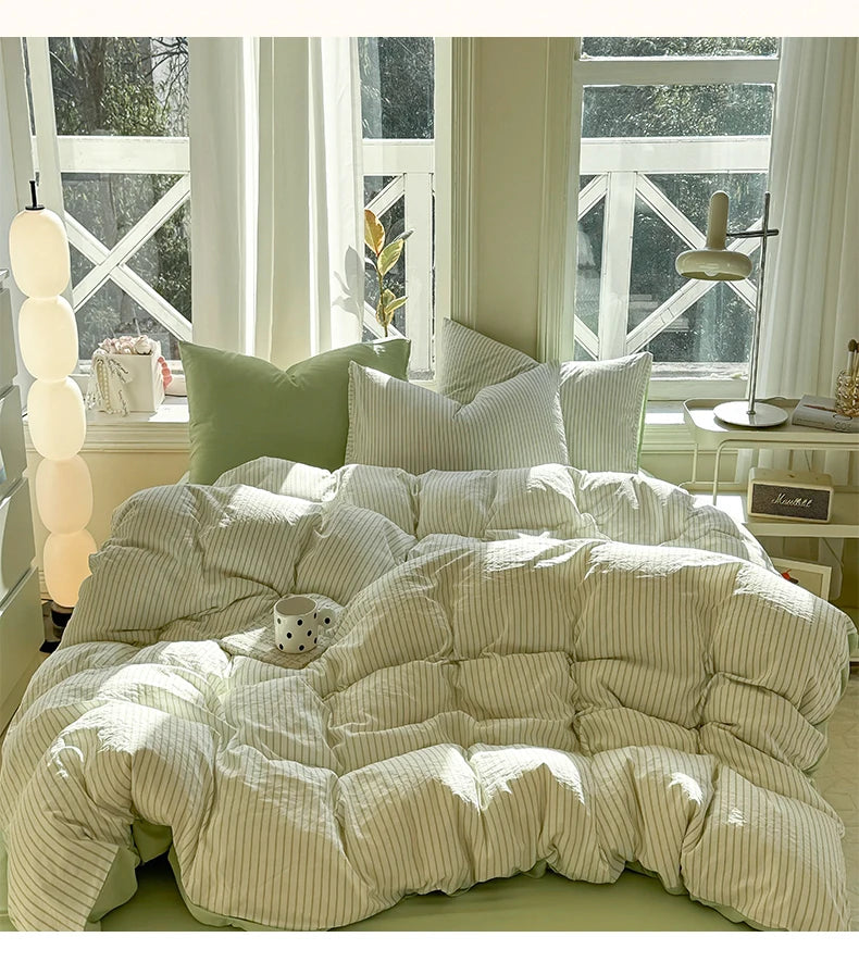 Washed Cotton Duvet Cover Set Quilt Set Ins Nordic Minimalist Style Grey Strip Bed Set Home Textile Bedding Set Bed Sheets 2025.