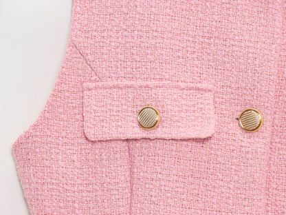 TRAFZA Frauen Elegante Solide Gürtel Westen Tops O Neck Metall Taste Ärmellose Weste Büro Dame Oberbekleidung Casual Blazer Tops.