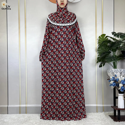 Muslim Ramadan Prayer For Women Long Sleeved Floral 2023Dubai Turkey Middle East Femme Loose Robe African Abayas Headscarf Dress.
