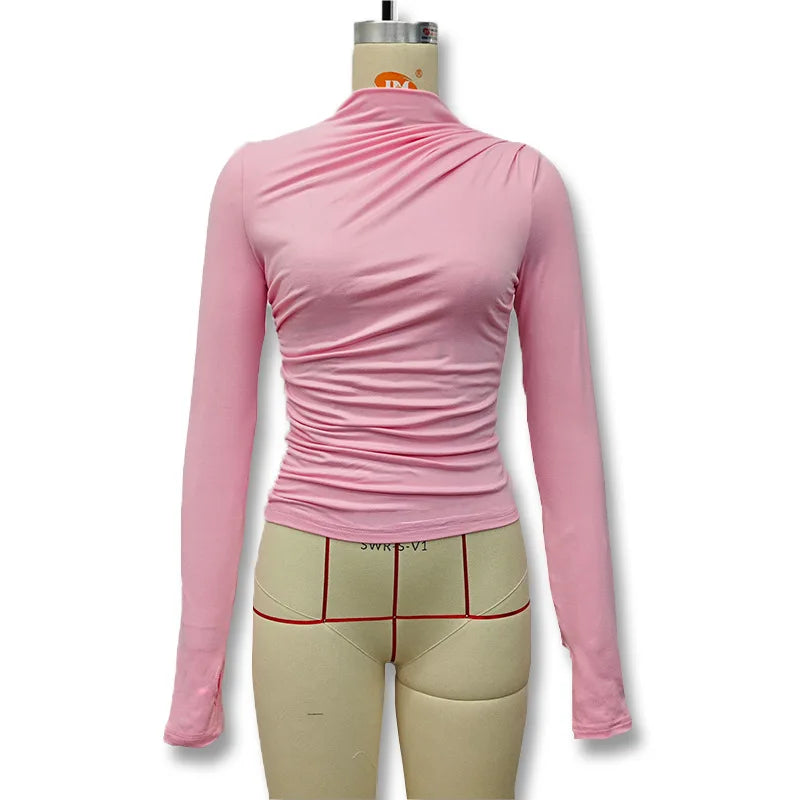 2025 Autumn Solid Color Folds Turtleneck Slim T Shirt Women Long Sleeves Bottoming Shirt Ladies Tee Shirt Tops Camisetas Mujer